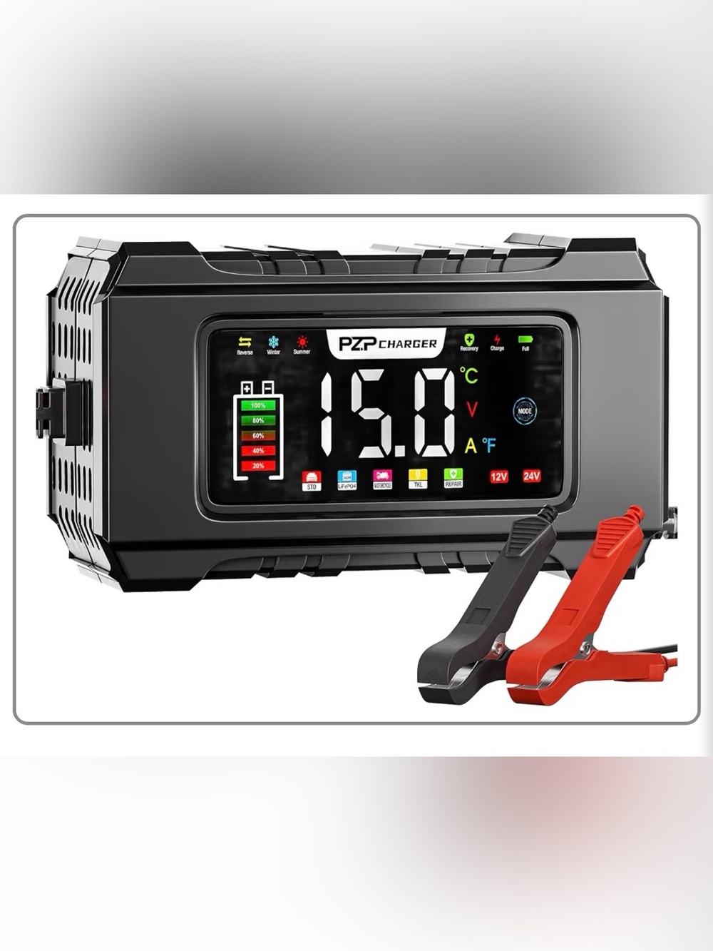 PZP Charger Digital Battery Charger with LCD Display - Black/Red